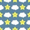 Funny seamless pattern with clouds and smiling stars. Cute pajama print for kids.