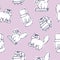 Funny seamless pattern with grumpy and melancholic cat playing with carton box on pink background. Cute hand drawn