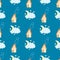 Funny seamless pattern with house, sky and moon on a blue background.