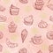 Funny seamless pattern with ice cream coffee cake croissant. Vector