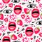 Funny seamless pattern with lips, eyes, love, diamond, hearts, strawbery and arrows.