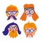 Funny set of cute hippies portraits. Vector avatars for festival. Hand drawn faces