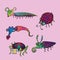 Funny set of horned scolopendra, red polka dotted ladybug, pink caterpillar, spider with red cross on top of body and stag beetle