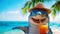 Funny shark in a straw hat on the beach under palm trees