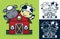 Funny sheep and cow on barn. Vector cartoon illustration in flat icon style