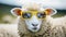 funny Sheep portrait in sunglasses. goat wearing sunglasses. Funny hipster sheep. AI Generative