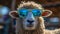 funny Sheep portrait in sunglasses. goat wearing sunglasses. Funny hipster sheep. AI Generative