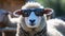 funny Sheep portrait in sunglasses. goat wearing sunglasses. Funny hipster sheep. AI Generative