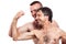 Funny shirtless men compare biceps