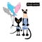 Funny siamese and black cats sailors in striped frocks and shark balls. Cartoon style