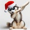 Funny siberian husky wearing a santa claus hat and sunglasses, doing the Dab dance