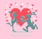 Funny silhouettes of two enamored rabbits surrounded by hearts