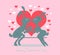 Funny silhouettes of two kissing rabbits surrounded by hearts