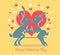 Funny silhouettes of two kissing rabbits surrounded by hearts