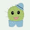 Funny simple naive cute cactus boy with blue hat on head in pot trousers.For decoration of children t-shirts,dresses, pajamas,bed