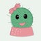 Funny simple naive cute cactus girl with pink the bow flower on head in pot skirt.For decoration of children t-shirts,dresses,