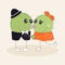 Funny simple naive cute cactus kissing pair:girl with orange bow and boy with blue hat.For decoration of children t-shirts,dresses