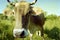 Funny single cow grazing on green summer meadow
