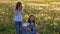 Funny sisters singing and playing acoustic jeans guitar on a dandelions field. little girls having fun leisure at outdoors