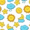 Funny sketching star, sun, cloud, moon. Vector seamless cartoon