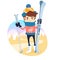 Funny skier standing in front of slopes with his ski and poles w