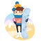 Funny skier standing in front of slopes with his snowboard wearing knitted hat and sweater with deers. Flat style