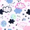 Funny sleeping moons, clouds, stars background. Nursery art seamless pattern