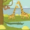Funny sloth, giraffe and crocodile characters in zoo park. Tropical animals and wildlife. Tree, bushes and pond. Cartoon