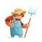 Funny Sloth Mammal as Farmer in Straw Hat with Pitchfork Chewing Spikelet Vector Illustration