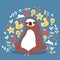 Funny sloth sitting in yoga lotus pose and relaxing vector illustration. Cartoon animal background with icons of duck.