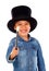 Funny small magician with a top hat and a magic wand