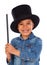 Funny small magician with a top hat and a magic wand