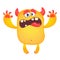 Funny small monster waving hands. Orange Halloween character.