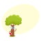 Funny smart comic tree character in round glasses holding book