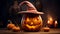 Funny Smiley pumpkin glowing inside with a green witch hat - Halloween Theme