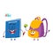 Funny smiling backpack and notebook characters, back to school concept