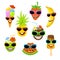 Funny smiling cartoon fruits, ice cream , coconuts in sunglasses