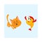 Funny smiling cat, kitten character trying to catch golden fish