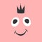 Funny smiling face and crown. Drawn by hand, sketch. Girly print, poster, card, banner, sticker.