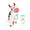 Funny smiling farm cow sitting, glass of milk standing characters