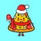 Funny smiling happy piece of pizza and christmas hat. Vector flat cartoon character illustration icon design. Isolated