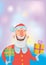 Funny smiling Santa Claus carries gifts in colorful boxes. Merry Christmas and Happy New Year. Vector illustration