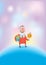 Funny smiling Santa Claus carries gifts in colorful boxes on white background. Merry Christmas and Happy New Year