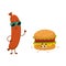 Funny smiling sausage and hamburger characters, fast food concept