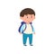 Funny smiling school boy with blue backpack and pants