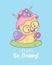 Funny snail character pretty woman in hat with flowers. Cute insect kawaii character. Vector illustration. Cool poster
