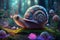 A funny snail in a magical fantastic fairy tale world
