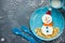 Funny snowman breakfast - creative and healthy food on Christmas