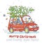 Funny snowman driving a car with a Christmas tree