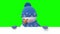 Funny snowman looks out and greeting on a green background. All animations have the same poses at the start and the end